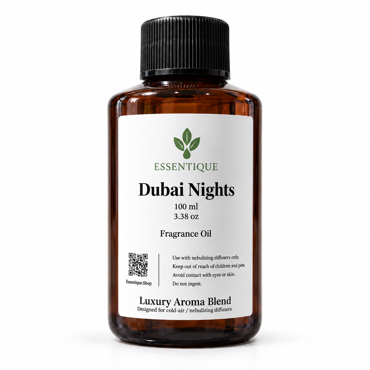 Essentique Dubai Nights 100 mL fragrance oil in
an amber bottle with a black cap and white
front label on a white background.