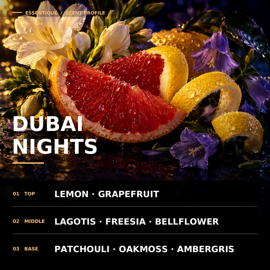 Grapefruit, lemon peel, and flowers in dramatic
light behind the Dubai Nights top, middle, and
base scent notes