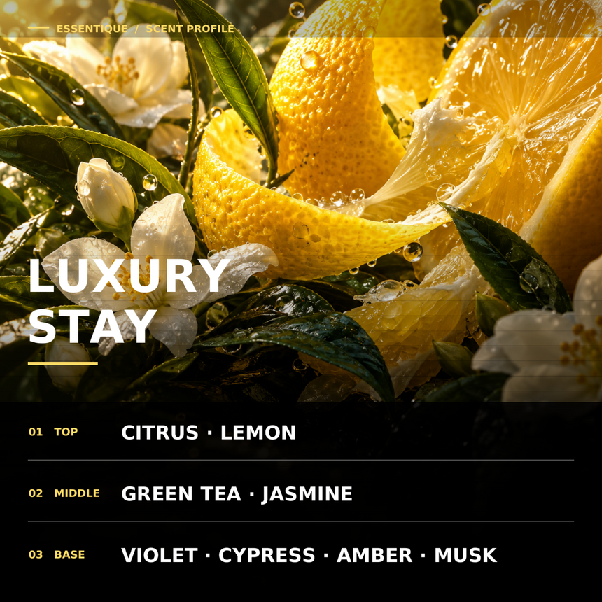 Close-up of lemon, tea leaves, and white
blossoms behind the Luxury Stay top, middle,
and base scent notes.