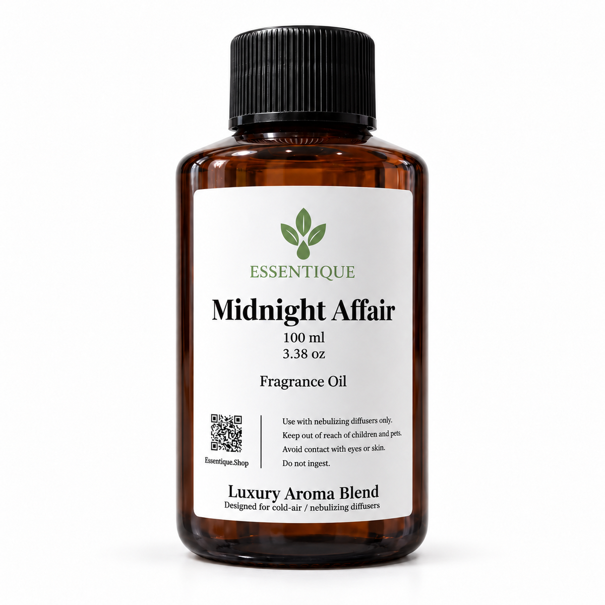 Essentique Midnight Affair 100 mL fragrance oil
in an amber bottle with a black cap and white
front label on a white background.
