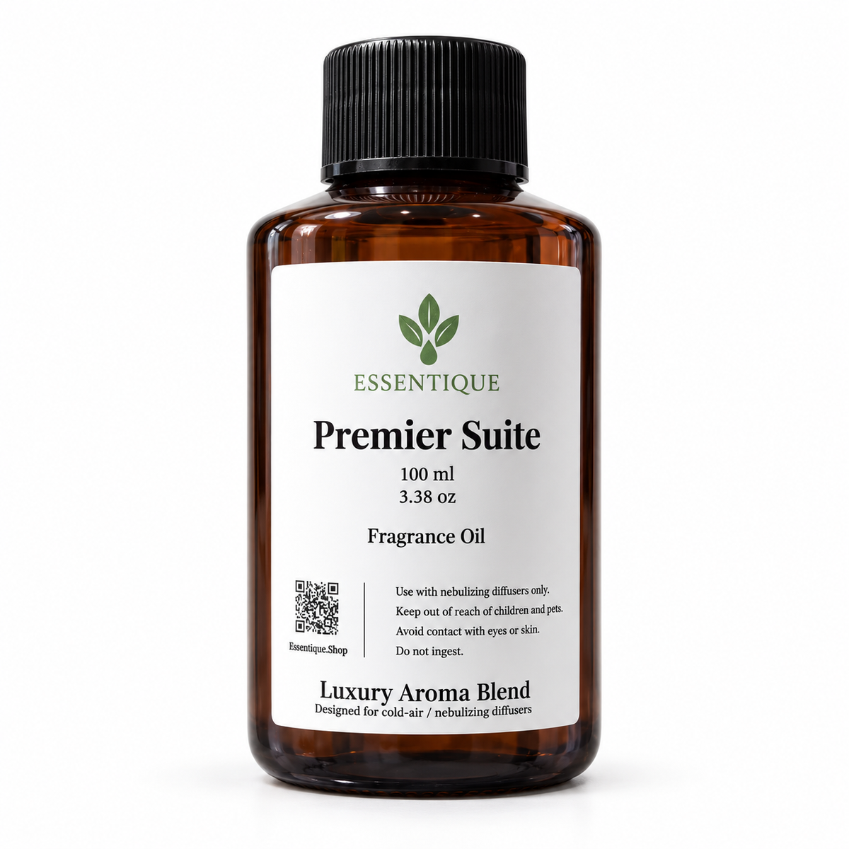 Essentique Premier Suite 100 mL fragrance oil
in an amber bottle with a black cap and white
front label on a white background.