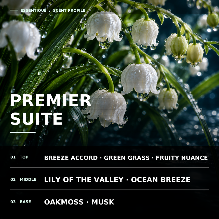 Dewy white lily-of-the-valley blossoms and
green grass behind the Premier Suite top,
middle, and base scent notes.