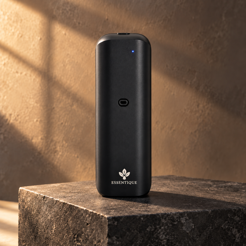 Black Essentique The Pulse plug-in diffuser on a dark stone plinth against warm plaster.