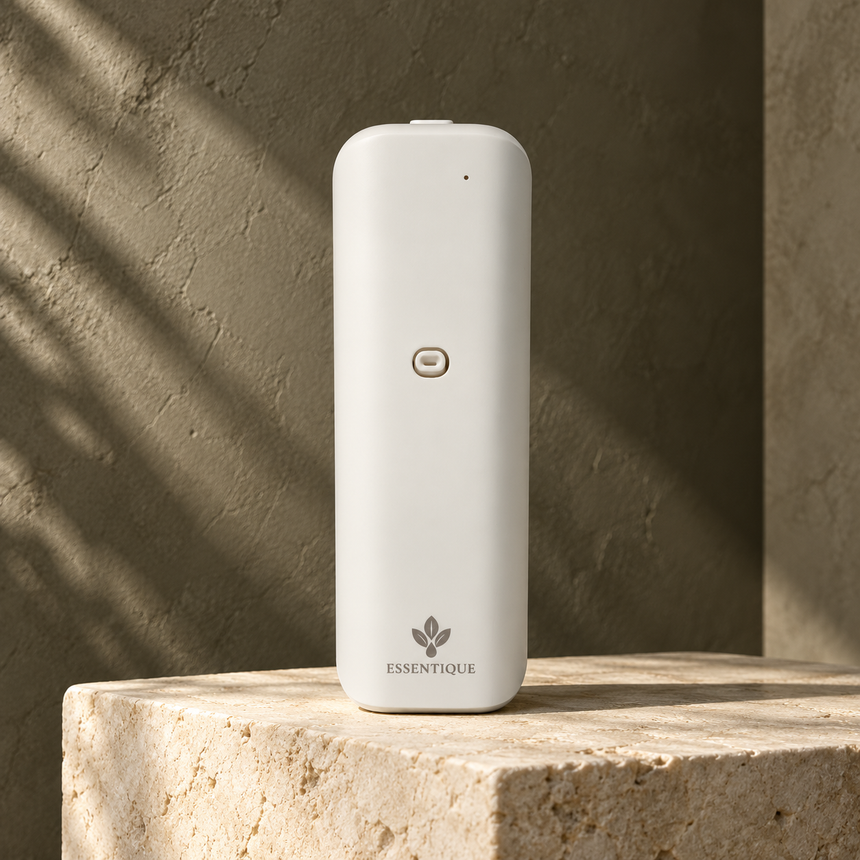 White Essentique The Pulse plug-in diffuser on a warm limestone plinth against textured plaster.
