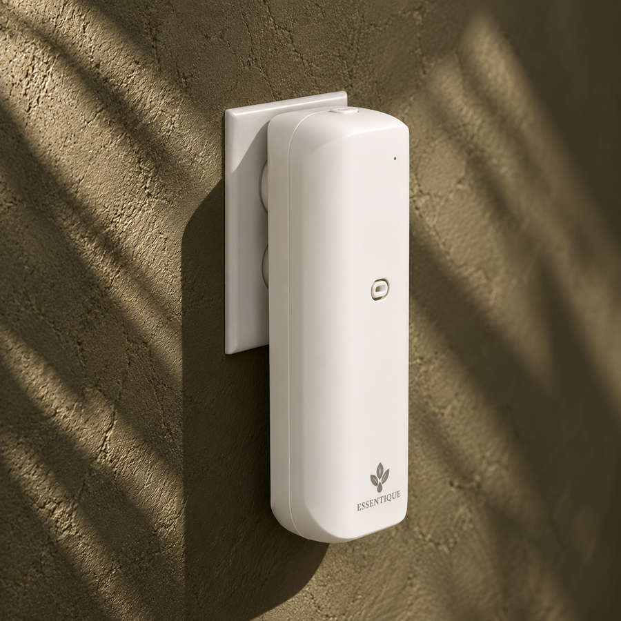 Three-quarter side view of the white Pulse diffuser plugged into a wall outlet on an olive plaster wall.
