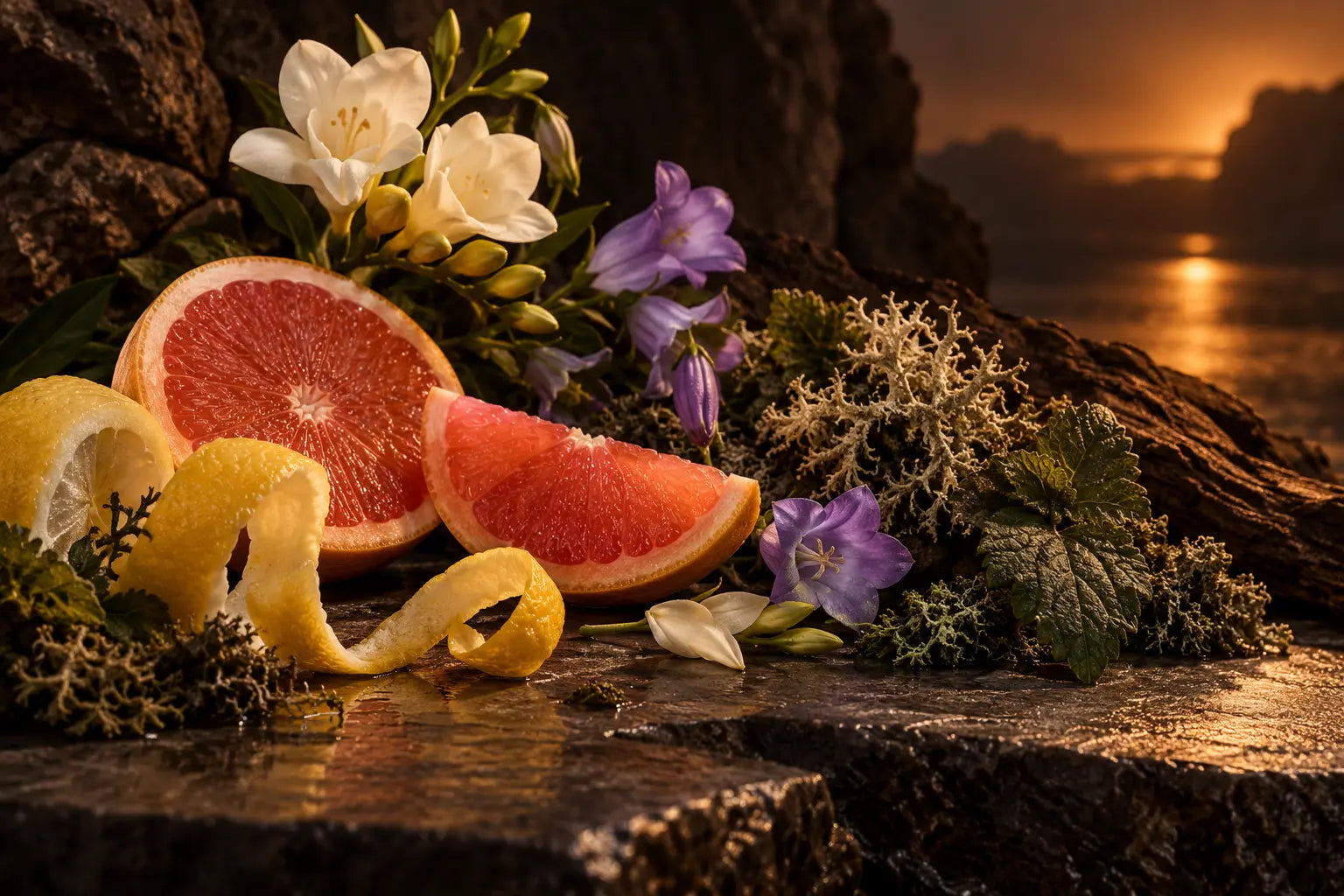 Grapefruit, lemon peel, freesia and bellflowers in warm evening light