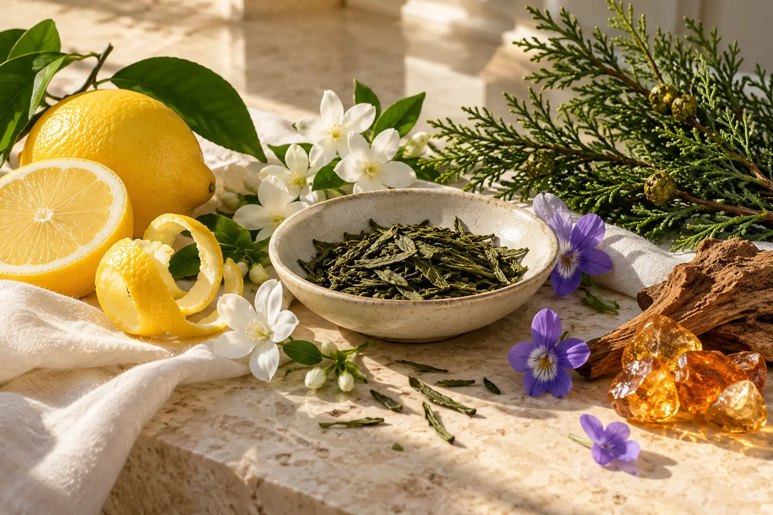 Lemon, green tea leaves, jasmine, violets and cypress on sunlit stone