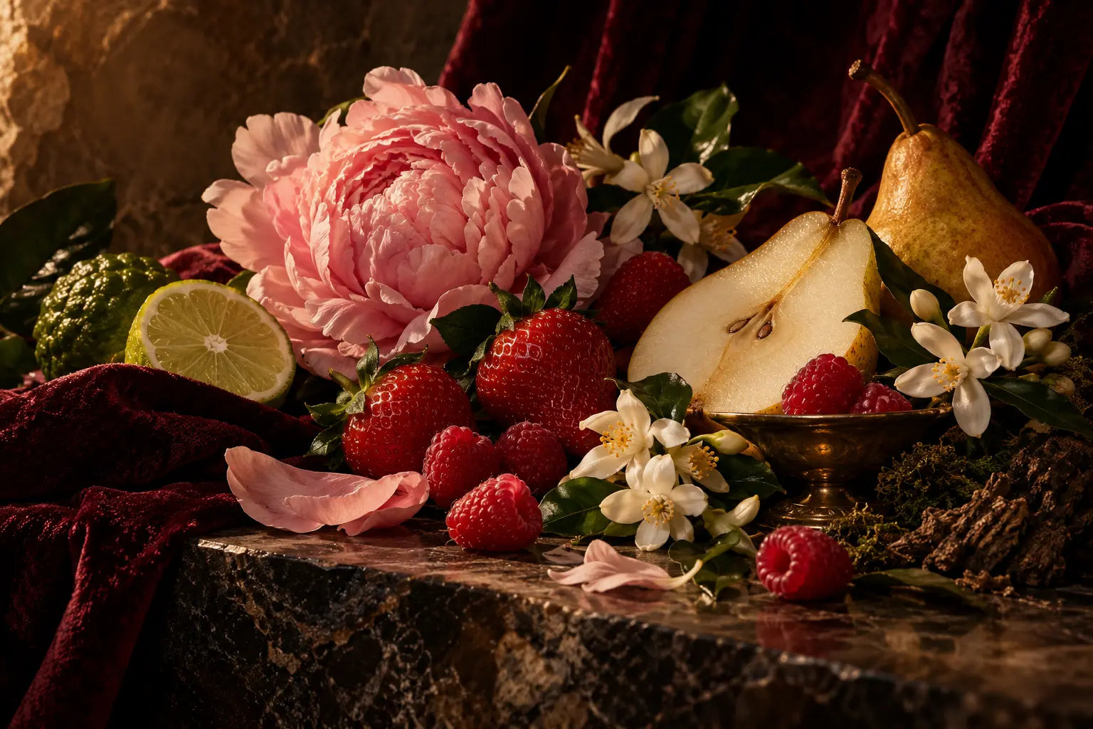 Berries, pear, peony and white blossoms against deep burgundy fabric