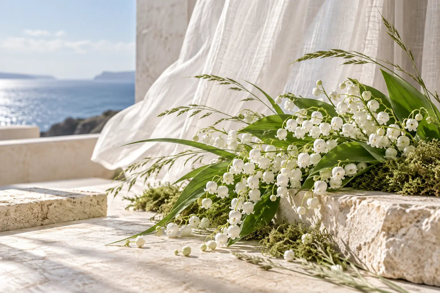 Lily of the valley and grass on pale stone beside airy linen and the sea